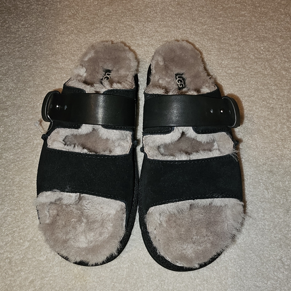 UGG Black and Cream Greenport Strappy Slides